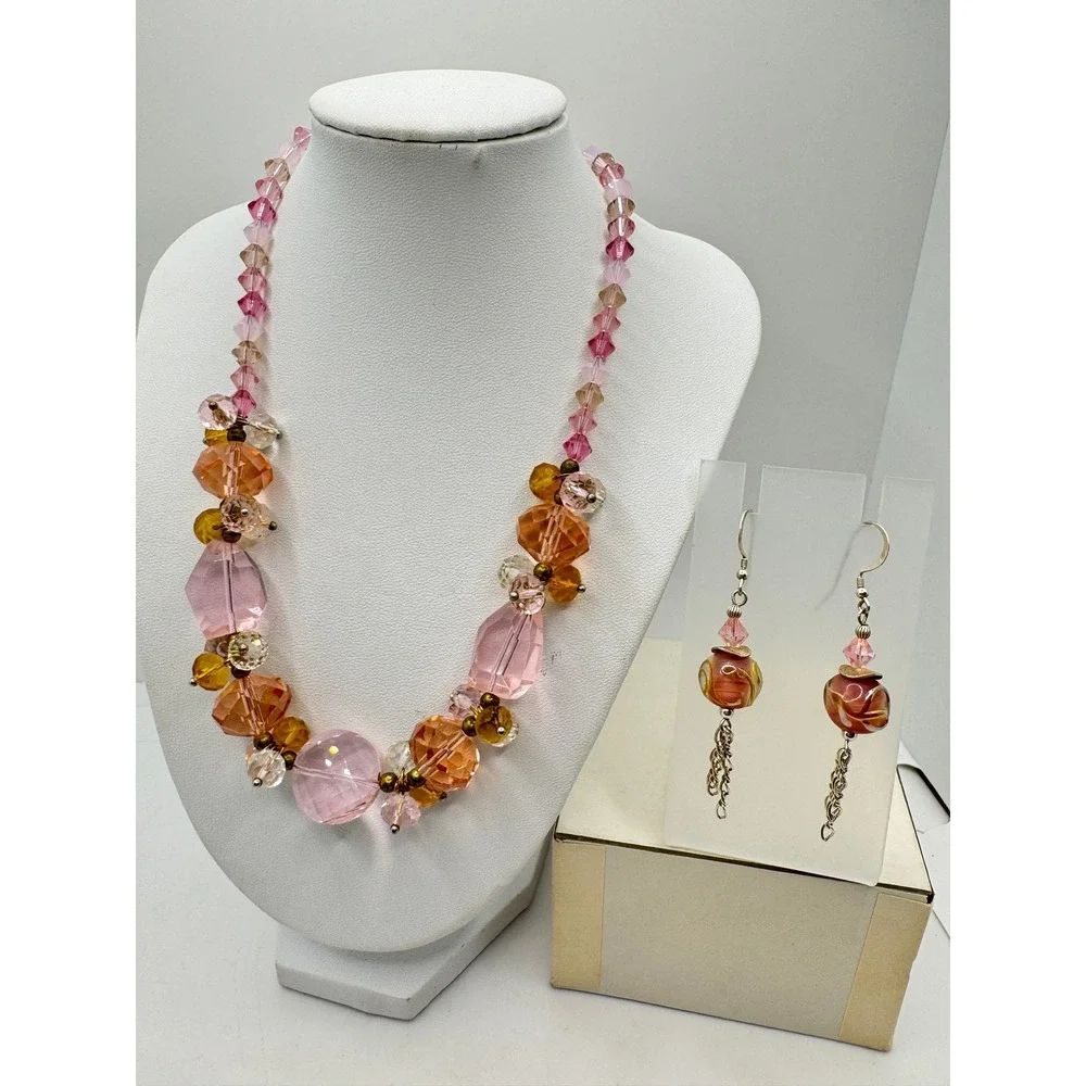 Pink Peach Beaded Statement Necklace & Lampwork Dangle Earring Set 16